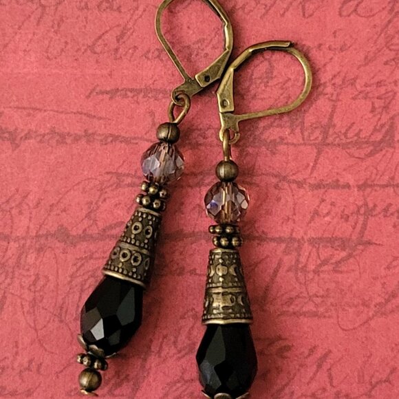 Black Smokey Crystal Teardrop Earrings, Etched Bronze Cone Lever Back Ear wires - Picture 6 of 8